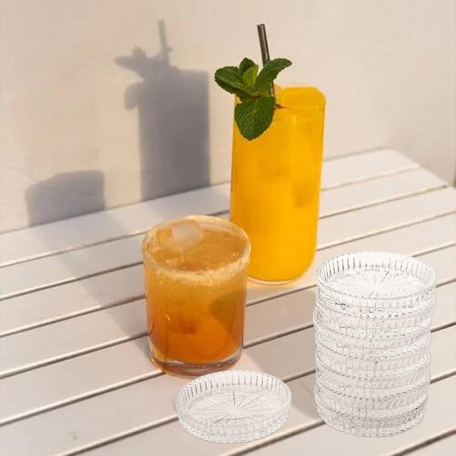 Ragyula (Set Of 6) Round Glass Drink Coasters, Crystal Coasters Decorative Glass Plates Clear Glass Coasters For Mugs, Cups, Din